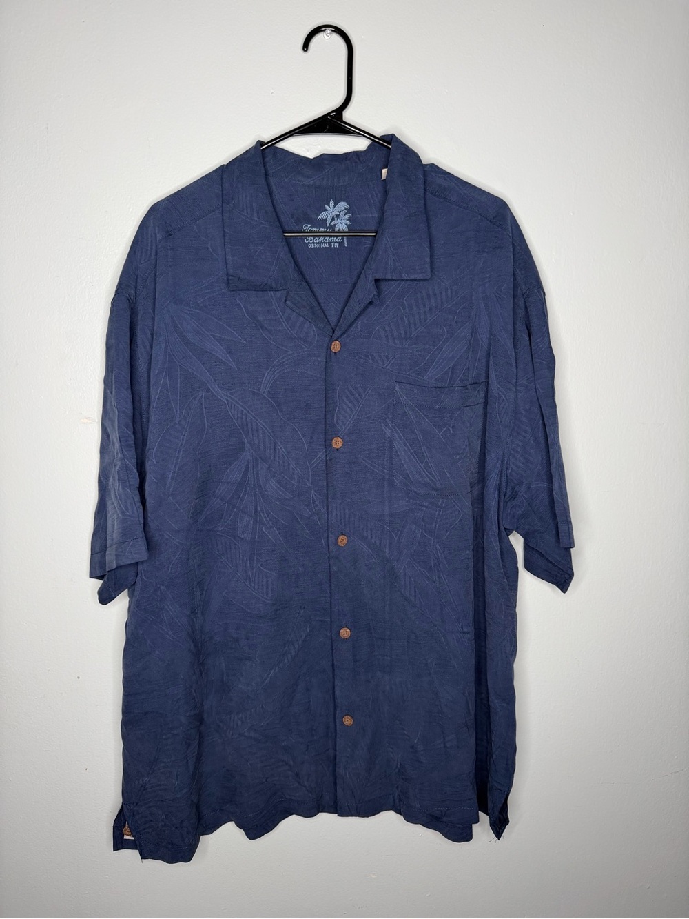 Tommy Bahama 100% Silk Shirt Mens 2XL Blue Jacquard Hawaiian Palm Camp Vacation